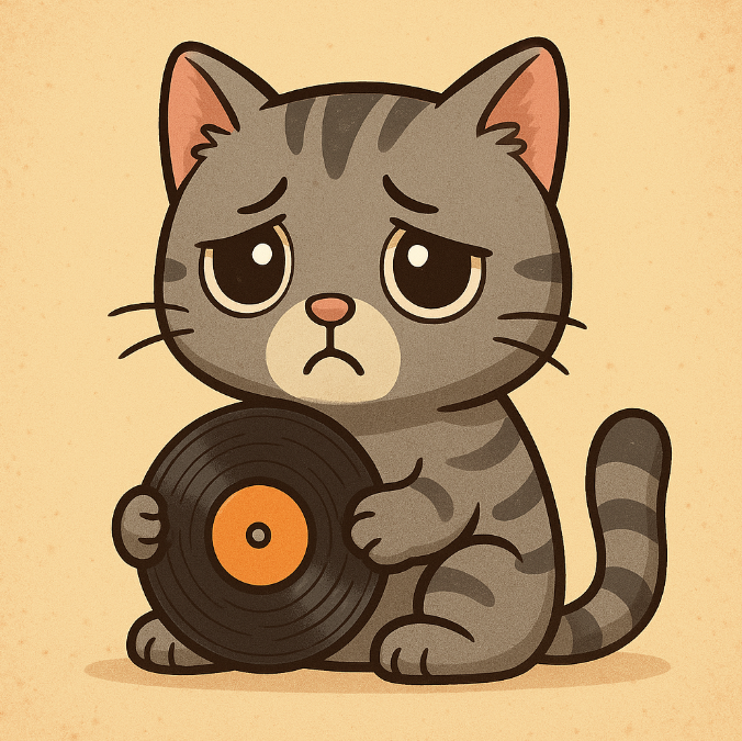 Chat triste avec un vinyle